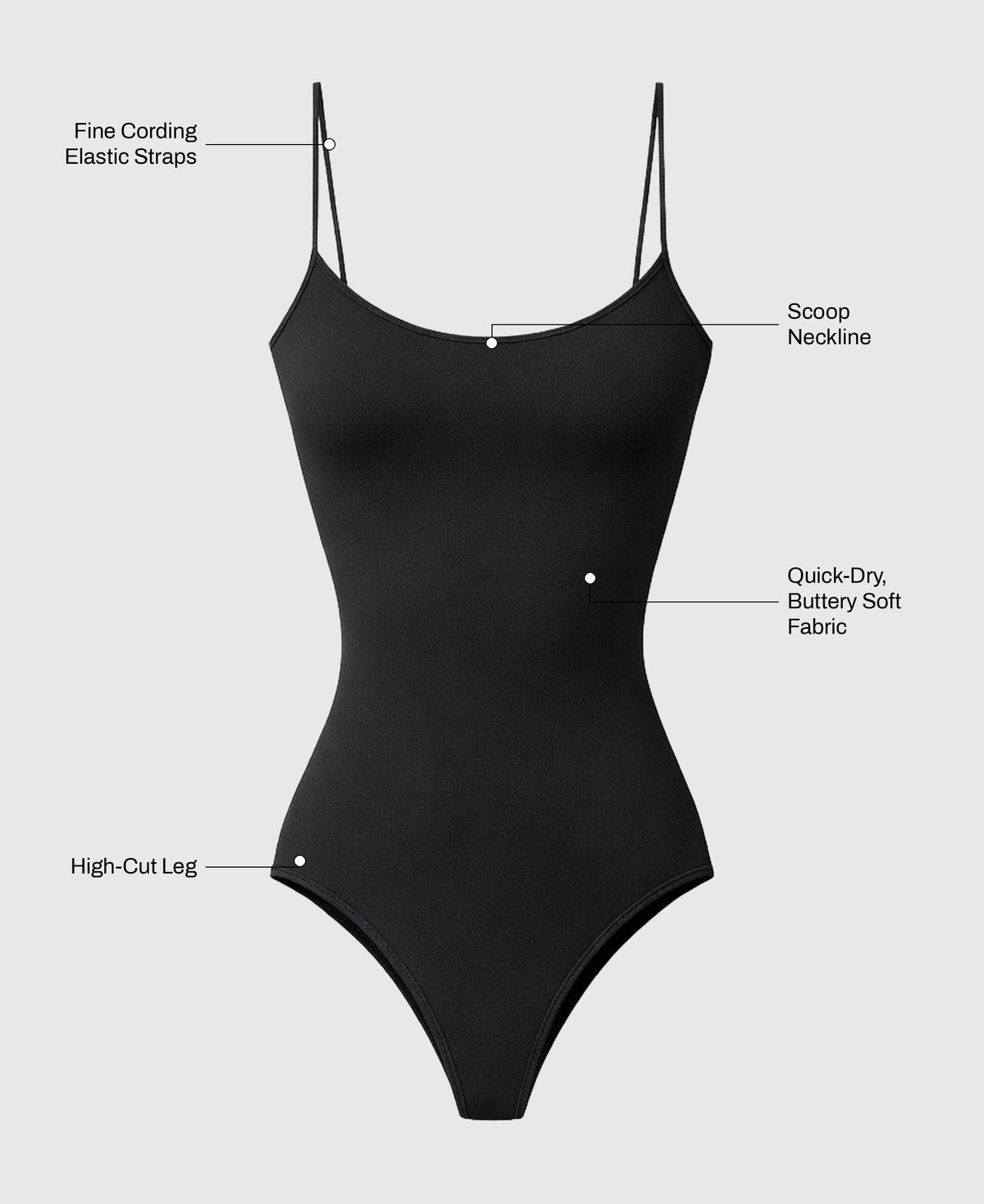 The Alex Bodysuit in Black: fine cording elastic straps, scoop neckline, high-cut leg, quick-dry buttery soft fabric