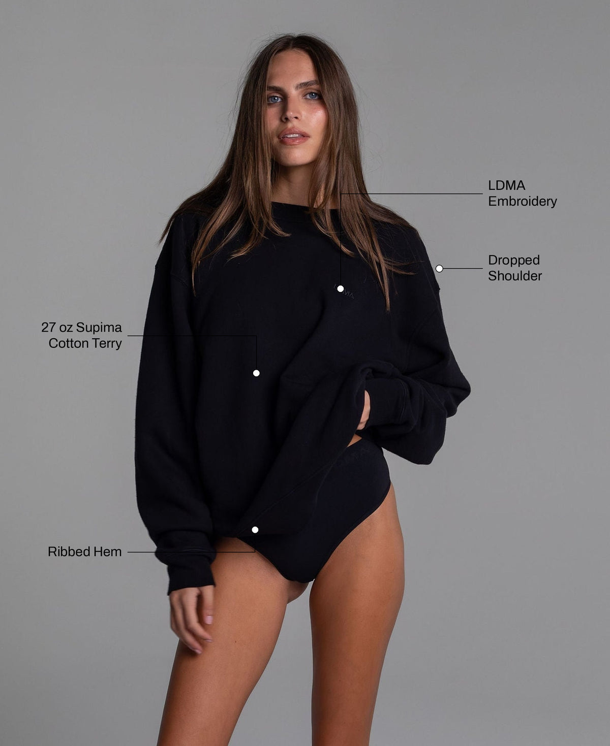 Oversized All Day Crew in Black: 27 oz Supima cotton terry, ribbed hem, LDMA embroidery, dropped shoulder
