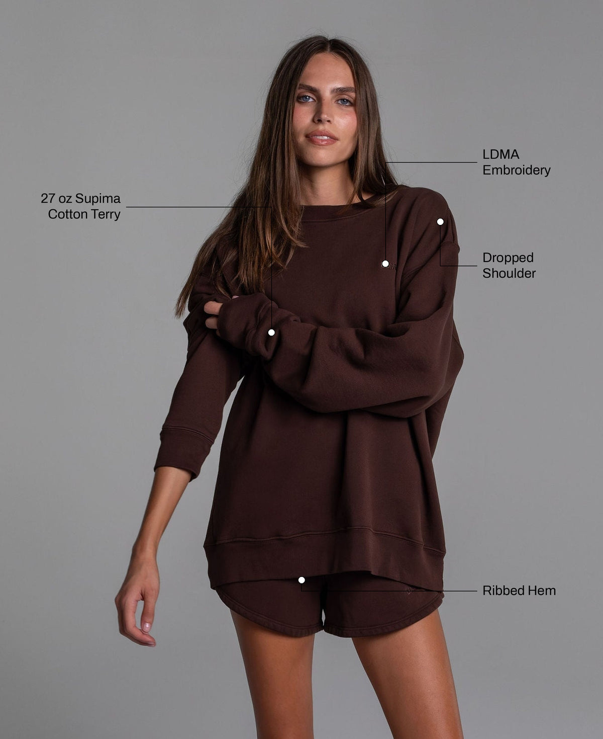 Oversized All Day Crew in Coffee: 27 oz Supima cotton terry, ribbed hem, LDMA embroidery, dropped shoulder
