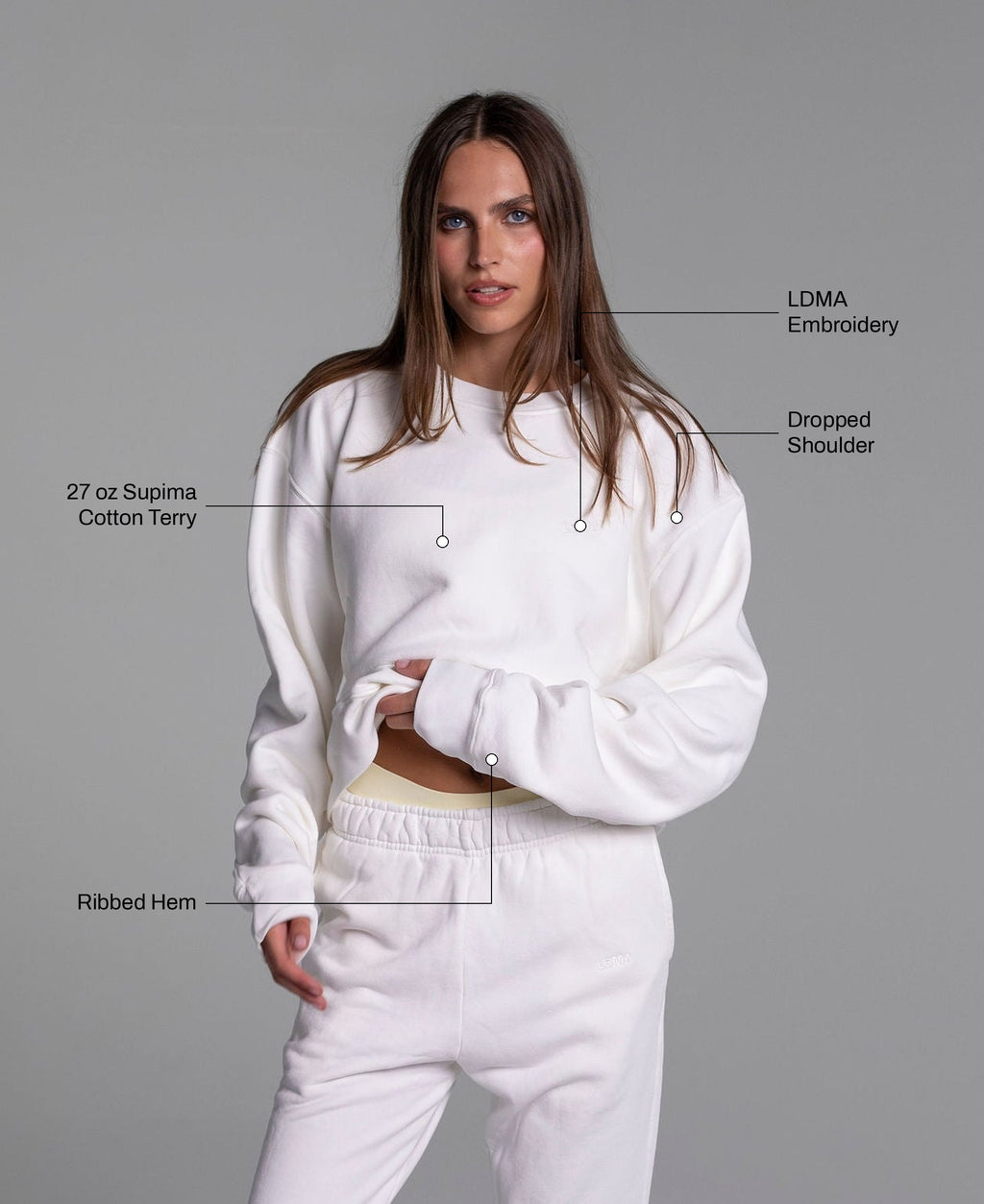 Oversized All Day Crew in Cream: 27 oz Supima cotton terry, ribbed hem, LDMA embroidery, dropped shoulder