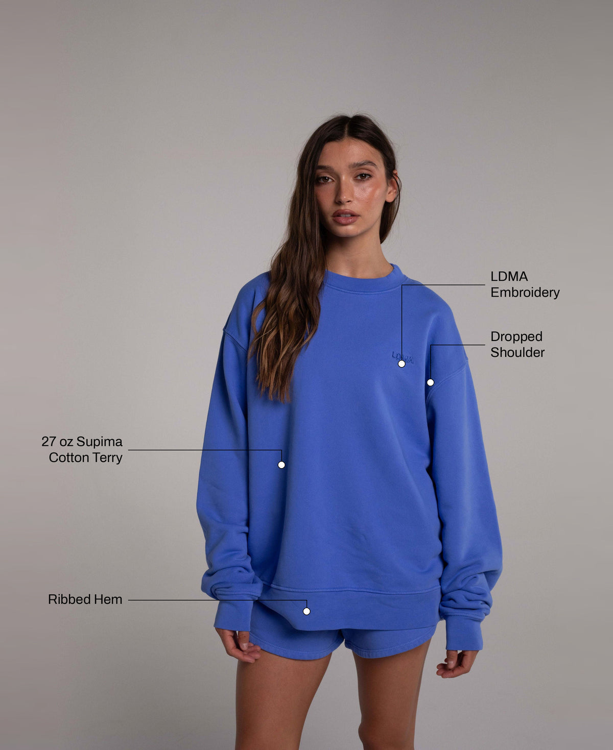 Oversized All Day Crew in Laguna Blue: 27 oz Supima cotton terry, ribbed hem, LDMA embroidery, dropped shoulder