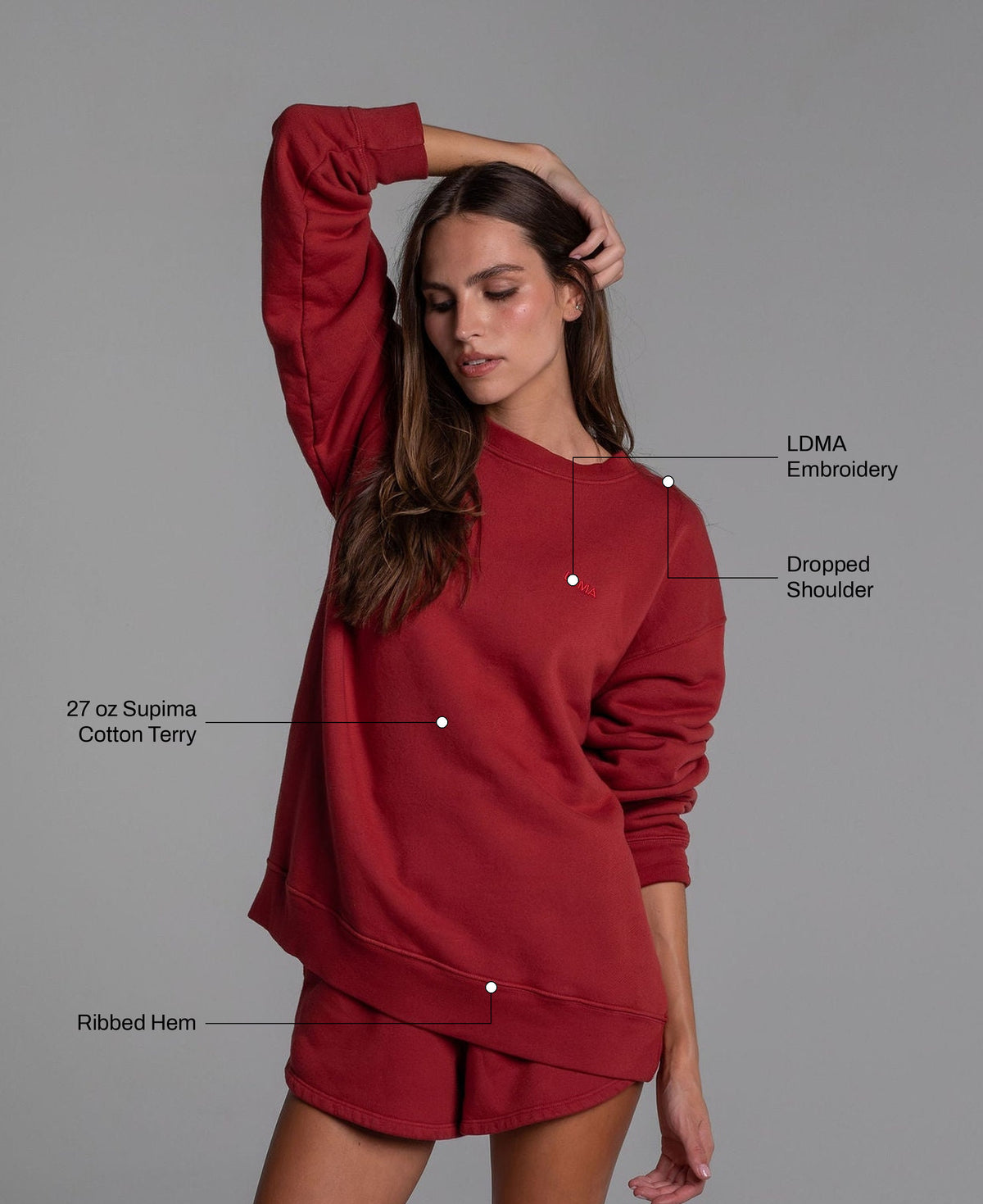 Oversized All Day Crew in Poppy: 27 oz Supima cotton terry, ribbed hem, LDMA embroidery, dropped shoulder