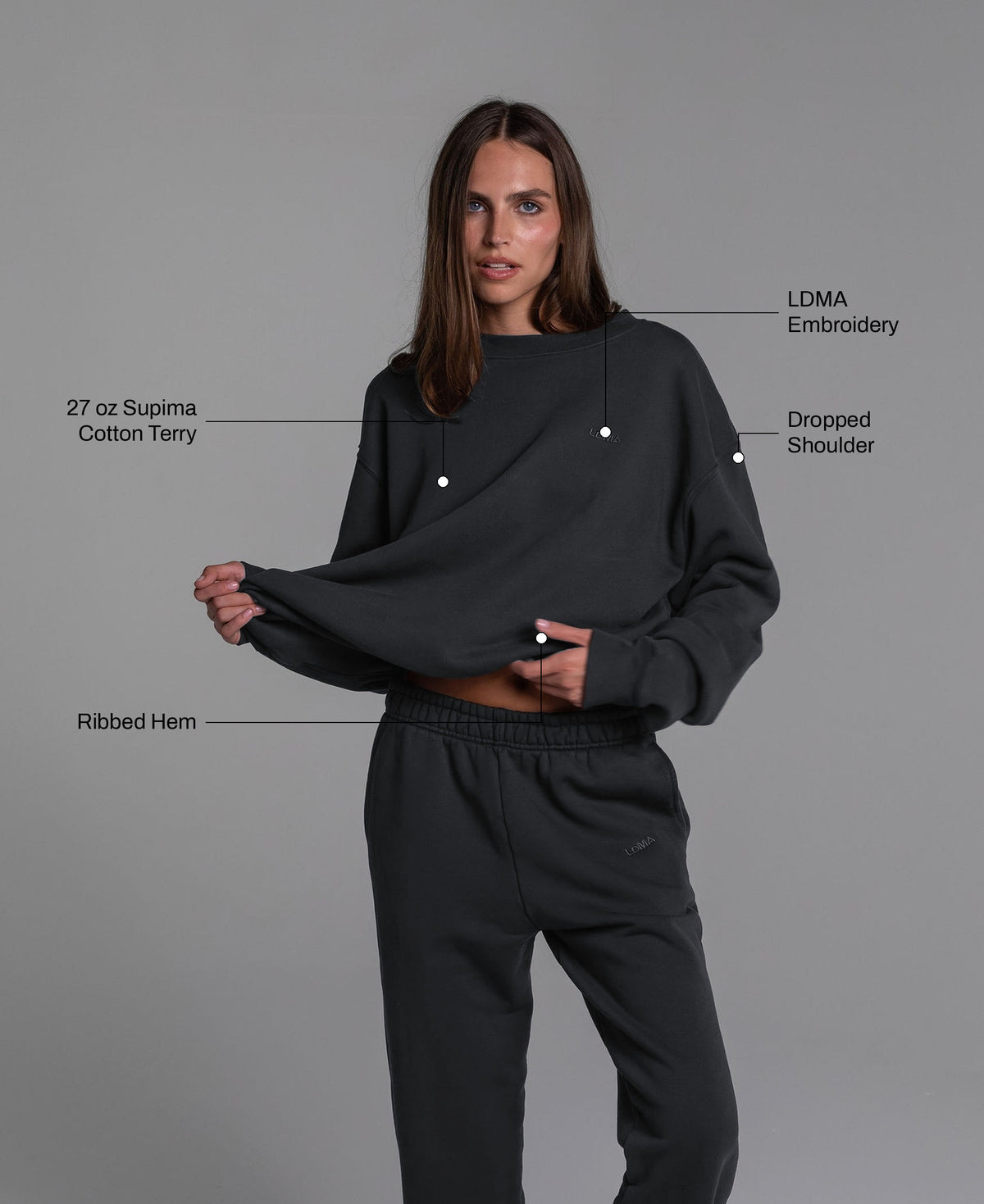 Oversized All Day Crew in Vintage Black: 27 oz Supima cotton terry, ribbed hem, LDMA embroidery, dropped shoulder
