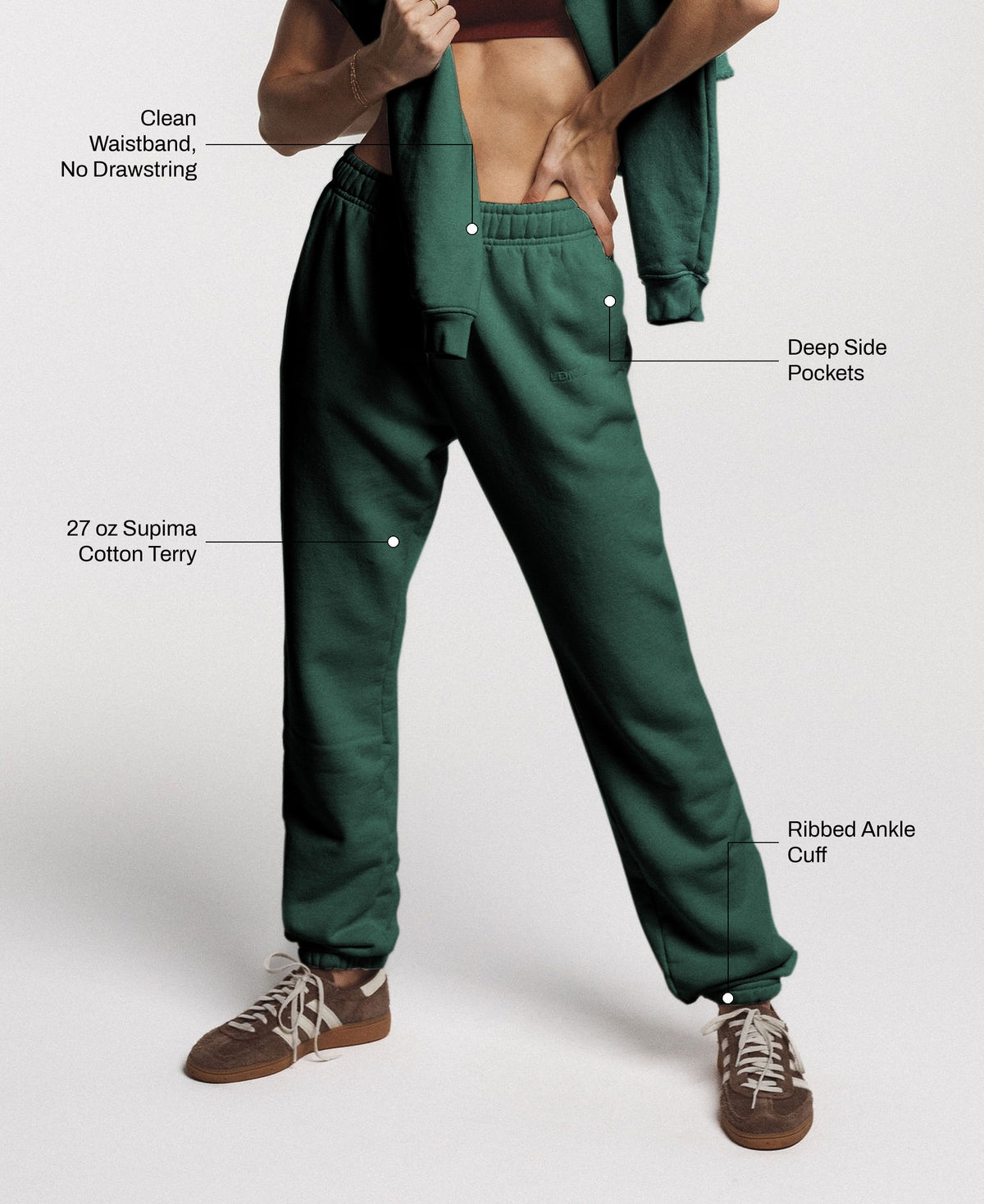 All Day Joggers in Alpine Green: 27 oz Supima cotton terry, clean waistband with no drawstring, deep side pockets, ribbed ankle cuff