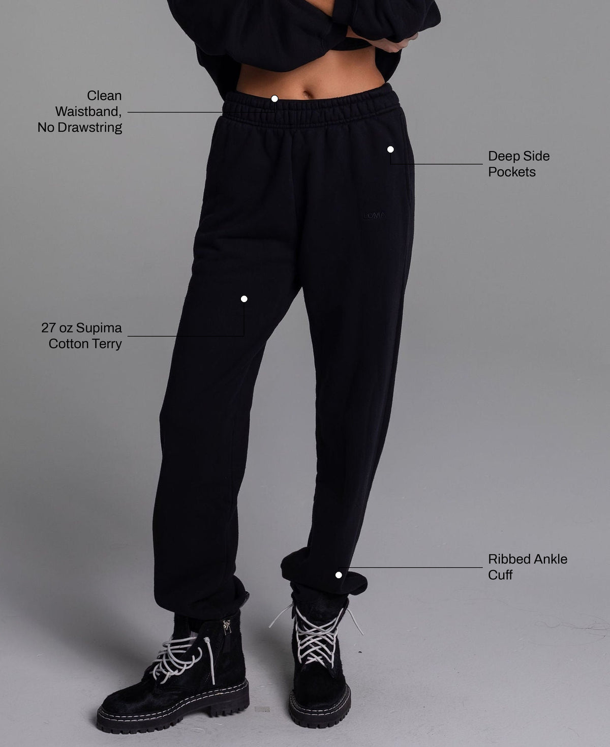 All Day Joggers in Black: 27 oz Supima cotton terry, clean waistband with no drawstring, deep side pockets, ribbed ankle cuff