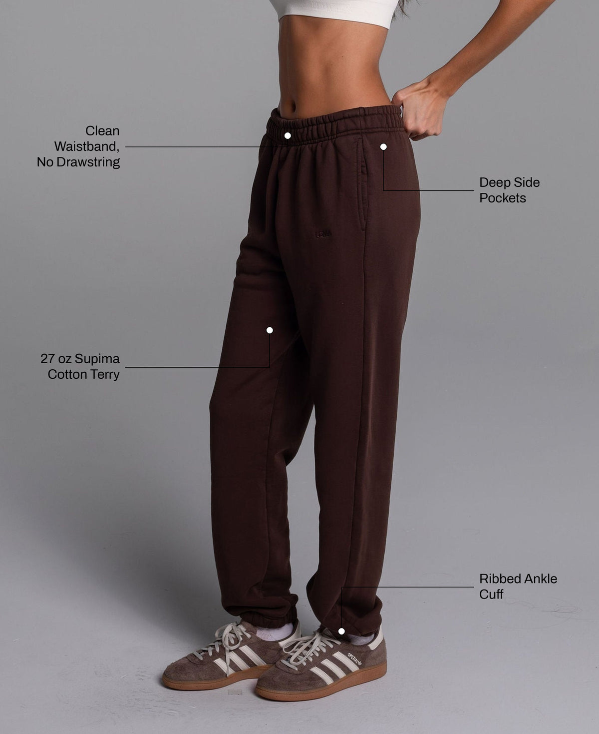 All Day Joggers in Coffee: 27 oz Supima cotton terry, clean waistband with no drawstring, deep side pockets, ribbed ankle cuff