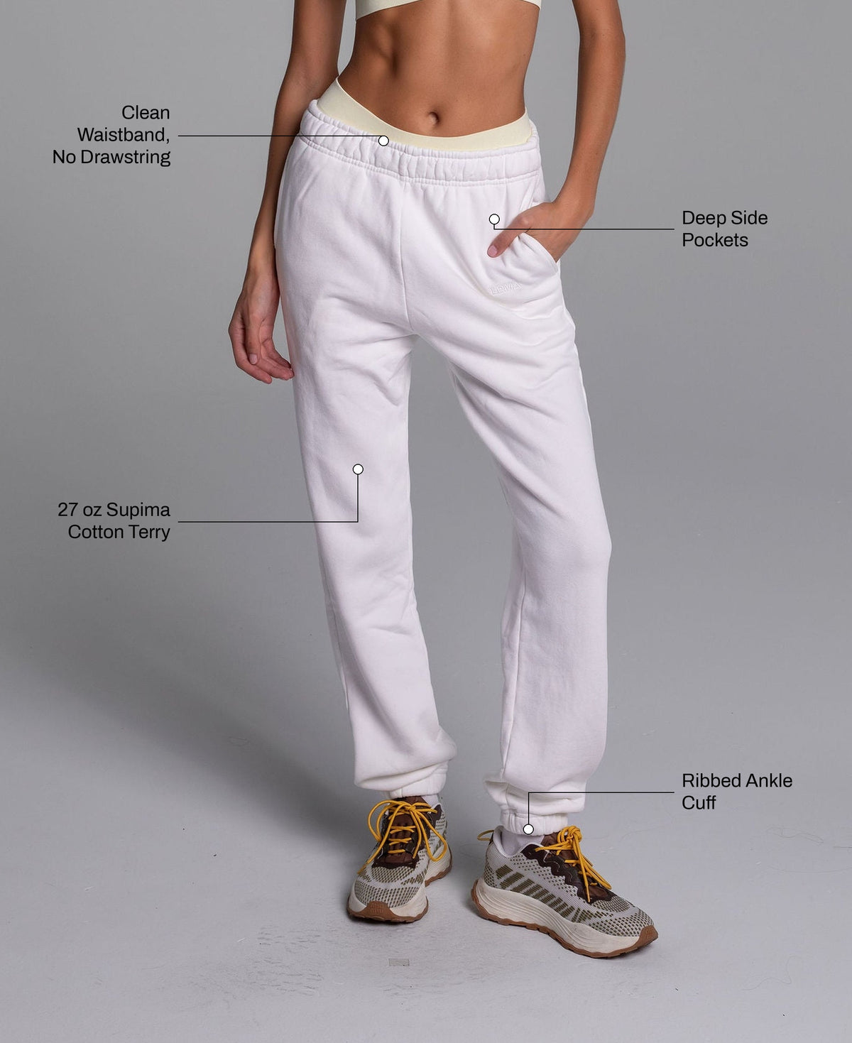 All Day Joggers in Cream: 27 oz Supima cotton terry, clean waistband with no drawstring, deep side pockets, ribbed ankle cuff