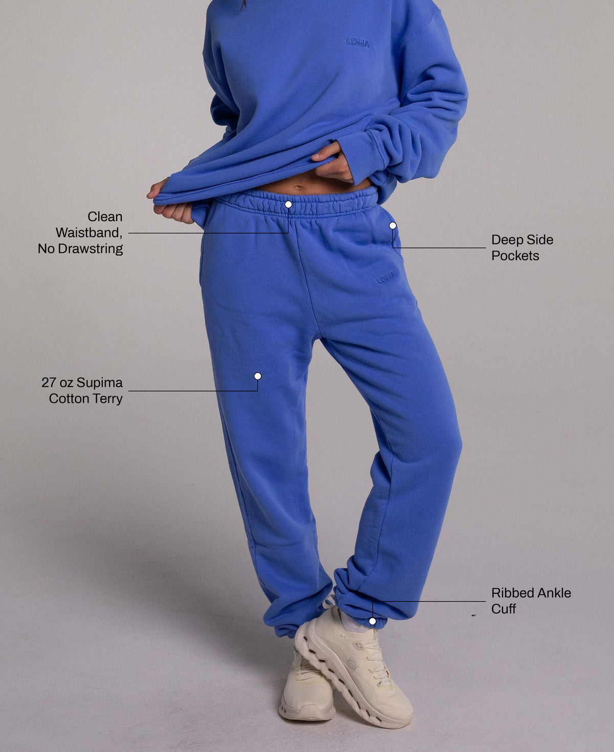 All Day Joggers in Laguna Blue: 27 oz Supima cotton terry, clean waistband with no drawstring, deep side pockets, ribbed ankle cuff