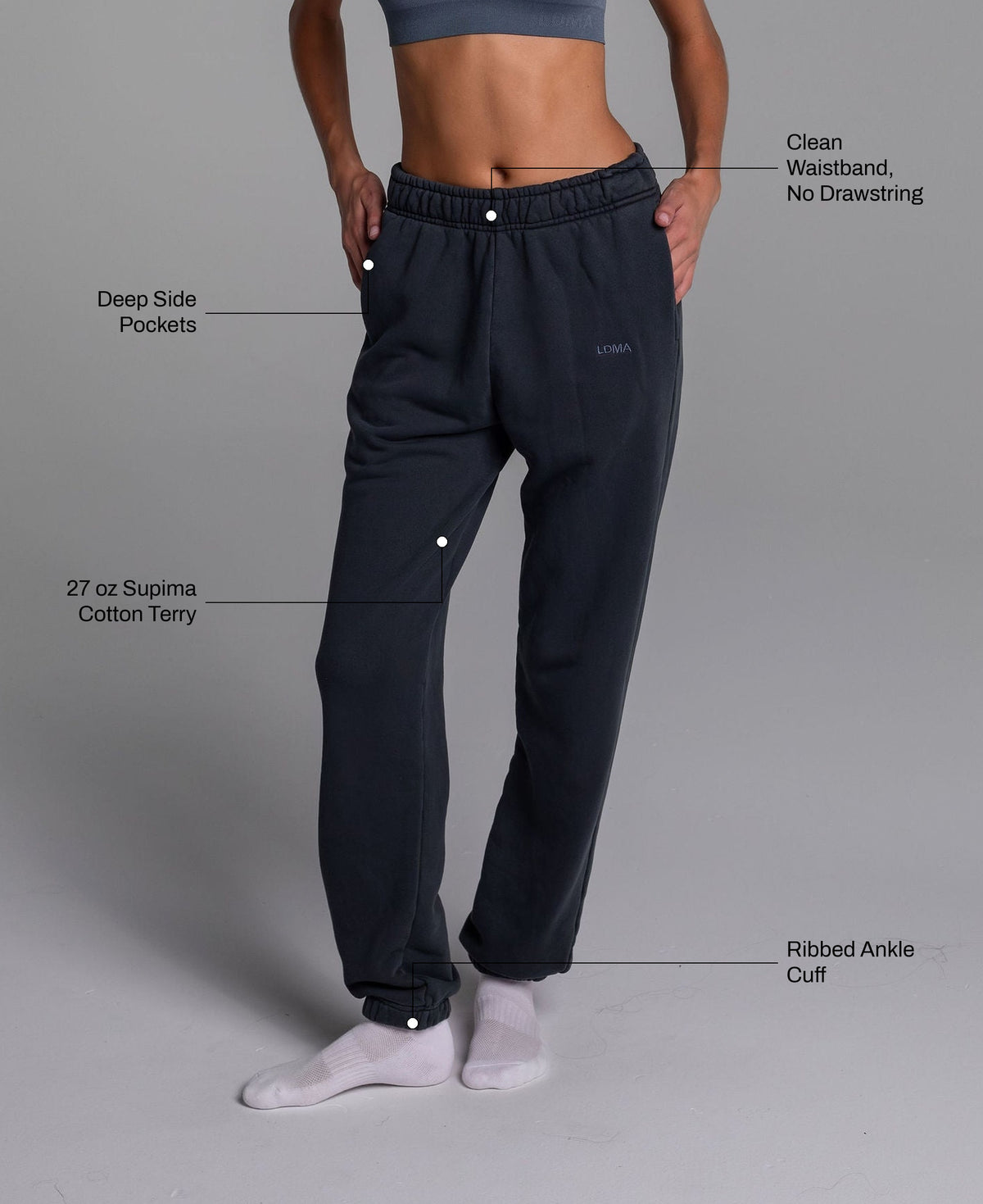 All Day Joggers in Vintage Black: 27 oz Supima cotton terry, clean waistband with no drawstring, deep side pockets, ribbed ankle cuff