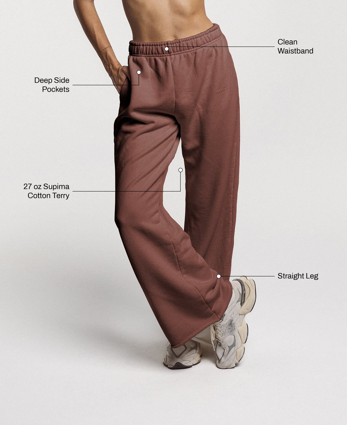 All Day Straight Leg Sweats in Espresso Rose: 27 oz Supima cotton terry, clean waistband, deep side pockets, straight leg