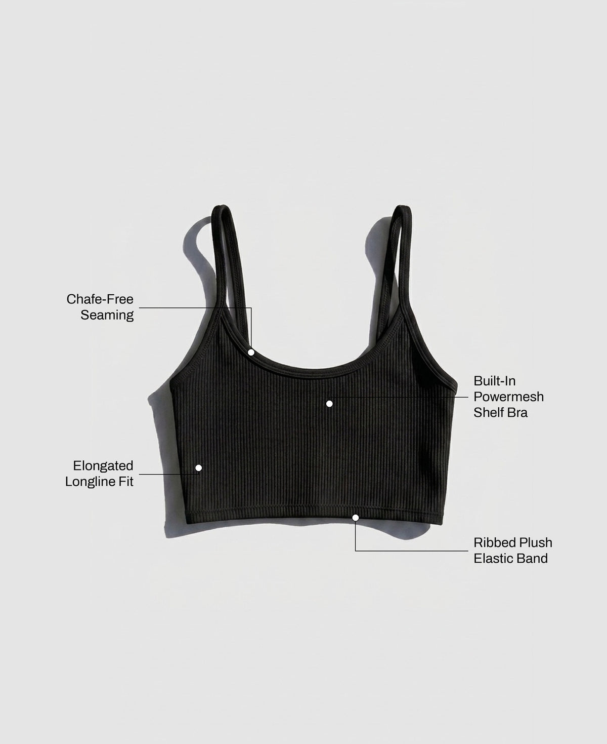 The Christy Ribbed Bra Tank in Black: chafe-free seaming, elongated longline fit, built-in powermesh shelf bra, ribbed plush elastic band