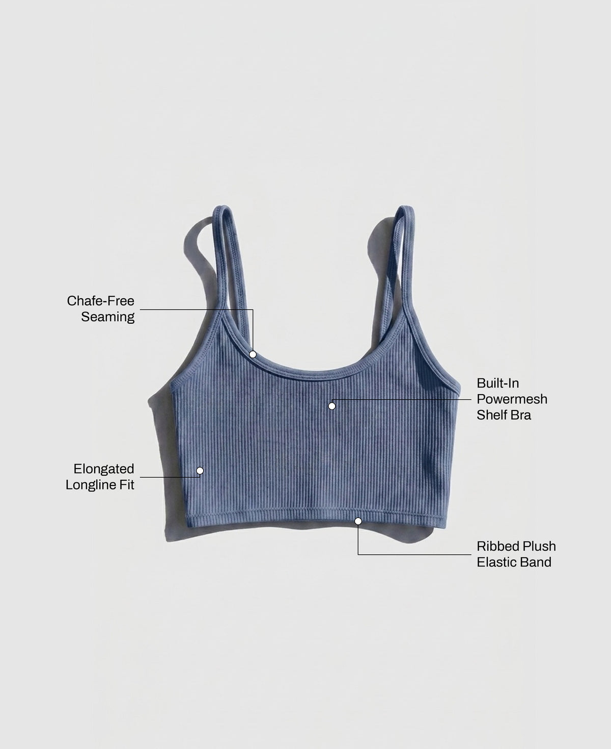 The Christy Ribbed Bra Tank in Blue Fog: chafe-free seaming, elongated longline fit, built-in powermesh shelf bra, ribbed plush elastic band