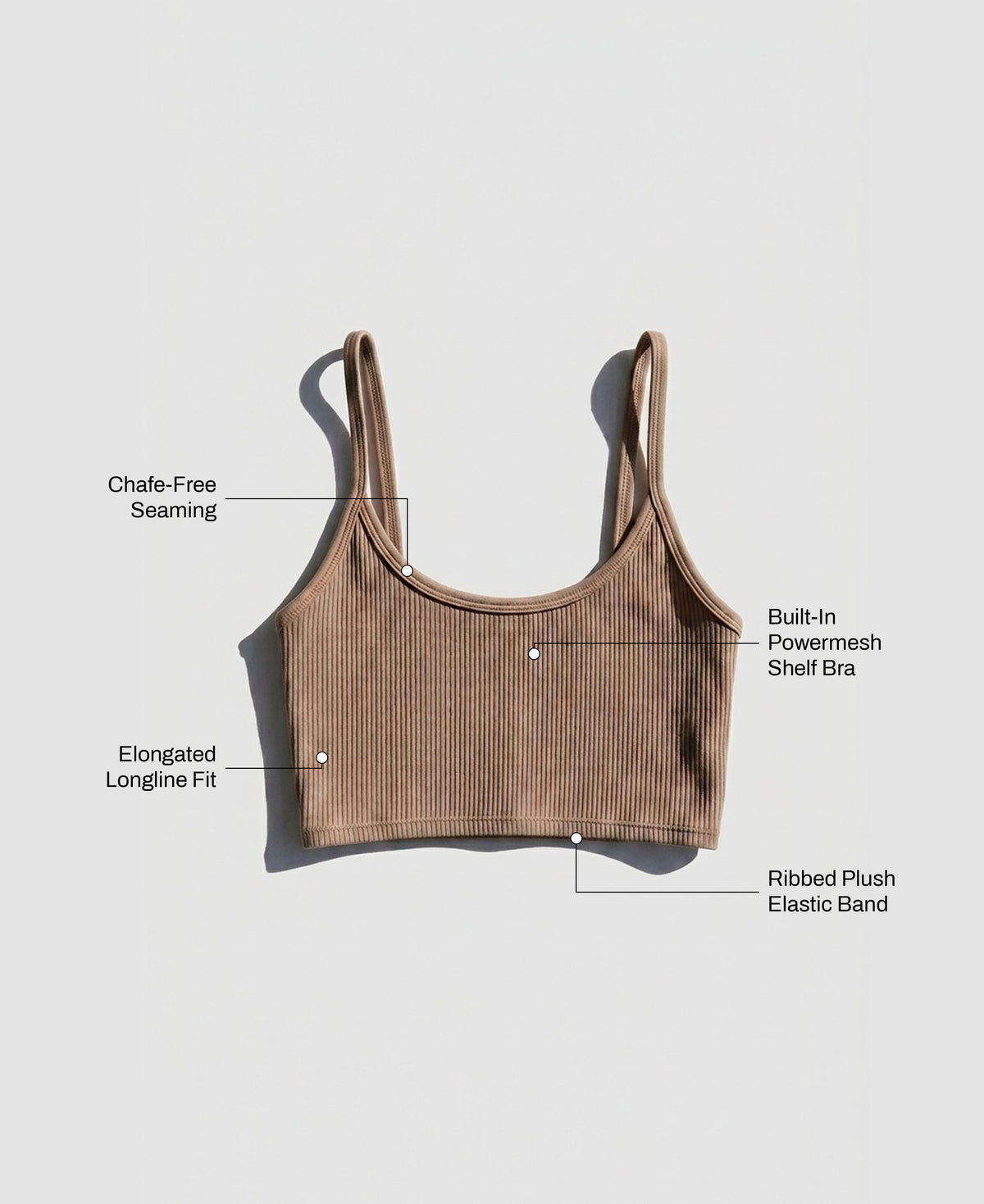 The Christy Ribbed Bra Tank in Cedar Smoke: chafe-free seaming, elongated longline fit, built-in powermesh shelf bra, ribbed plush elastic band