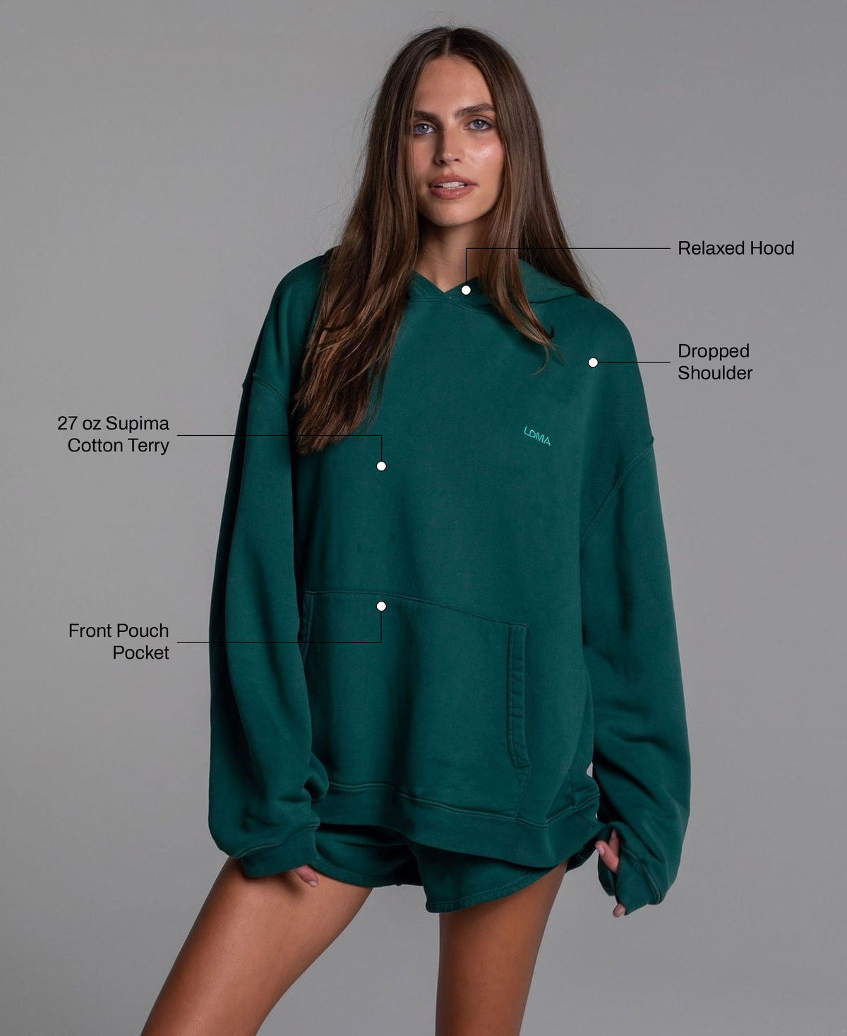 Heavyweight Heritage Hoodie in Alpine Green: 27 oz Supima cotton terry, front pouch pocket, relaxed hood, dropped shoulder