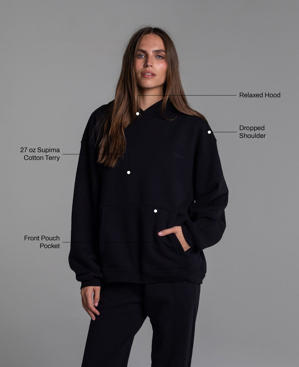 Heavyweight Heritage Hoodie in Black: 27 oz Supima cotton terry, front pouch pocket, relaxed hood, dropped shoulder