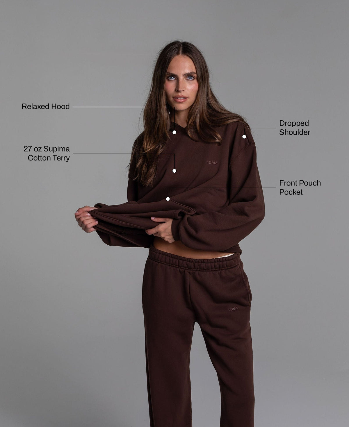 Heavyweight Heritage Hoodie in Coffee: 27 oz Supima cotton terry, front pouch pocket, relaxed hood, dropped shoulder