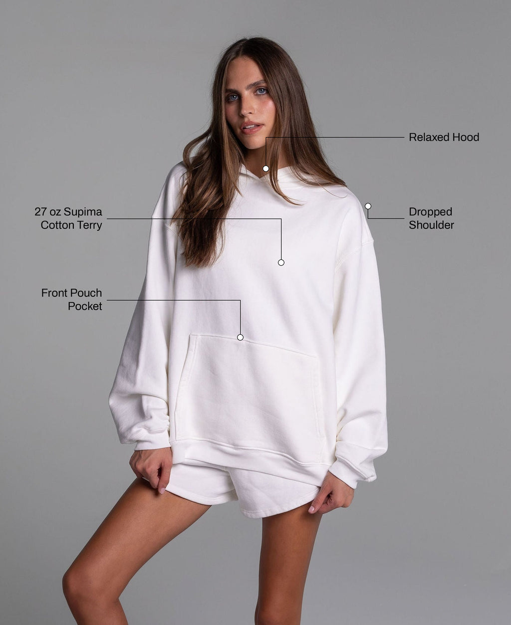 Heavyweight Heritage Hoodie in Cream: 27 oz Supima cotton terry, front pouch pocket, relaxed hood, dropped shoulder