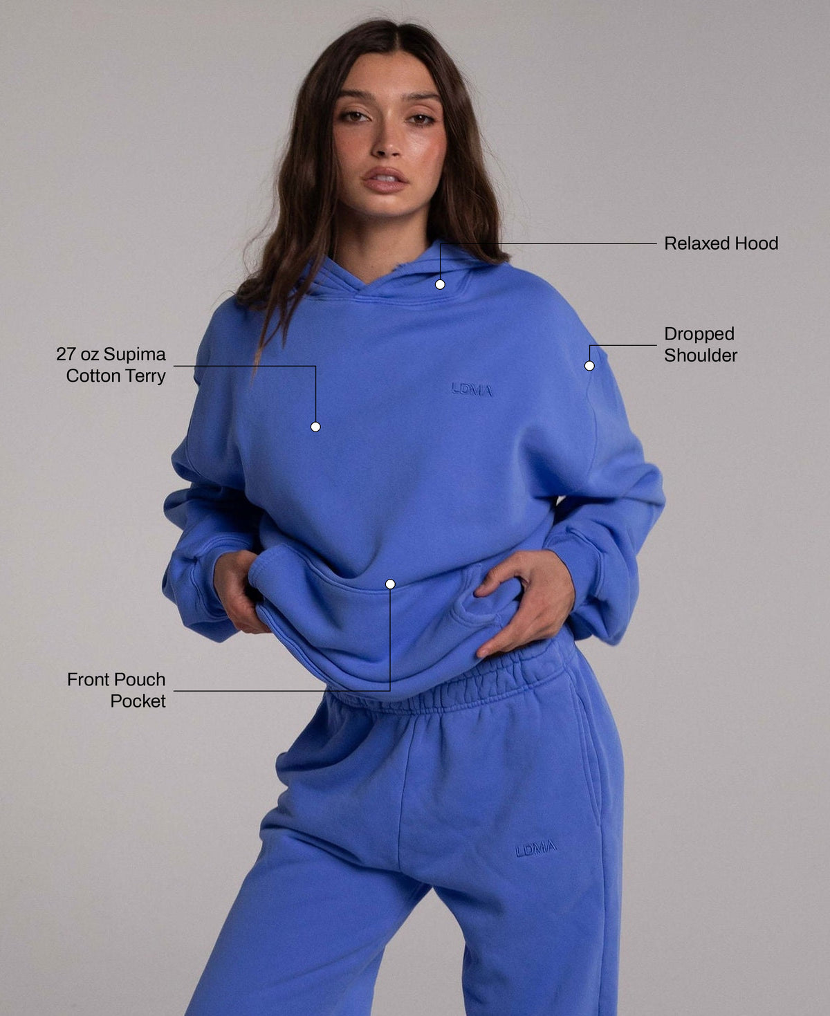 Heavyweight Heritage Hoodie in Laguna Blue: 27 oz Supima cotton terry, front pouch pocket, relaxed hood, dropped shoulder