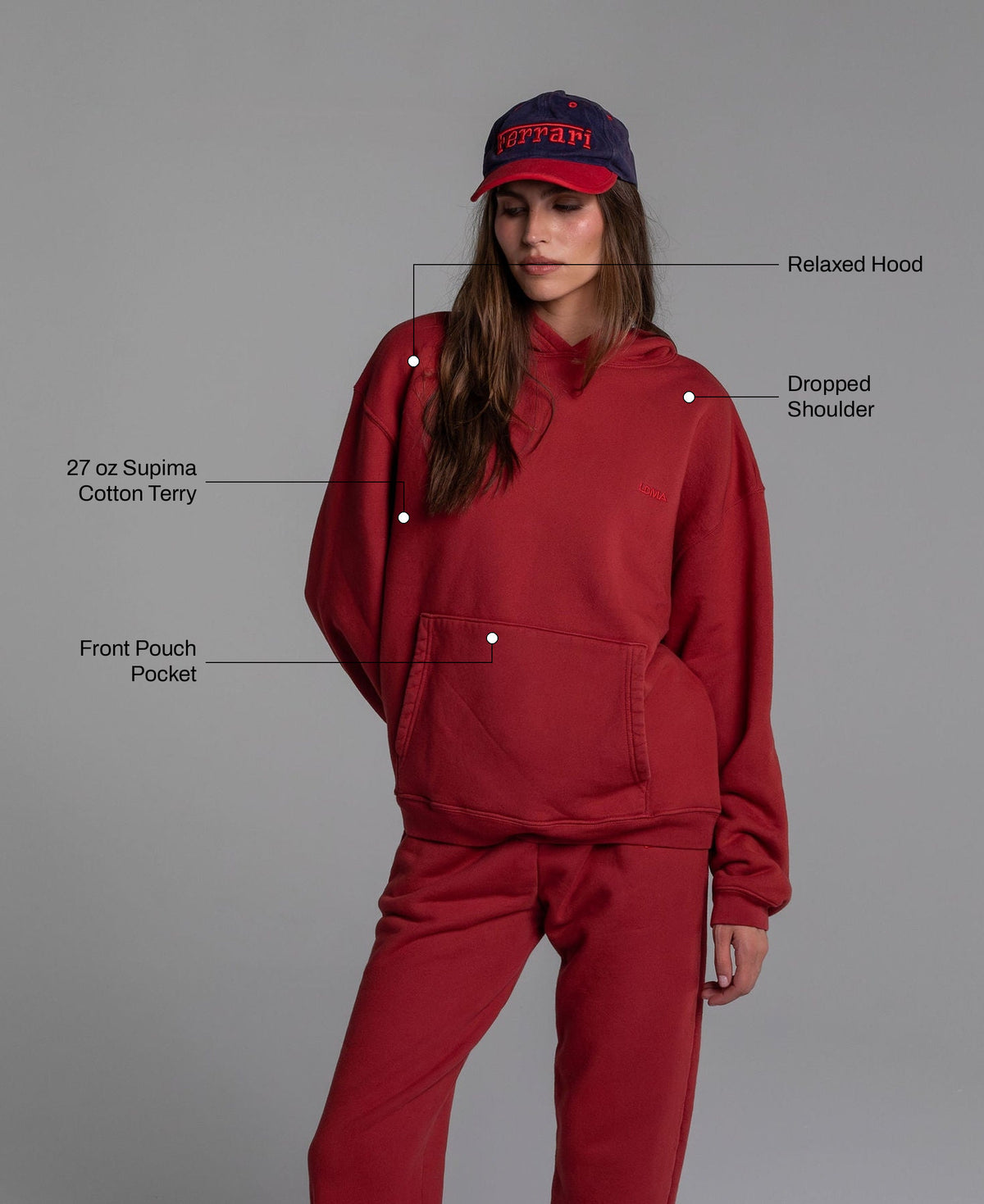 Heavyweight Heritage Hoodie in Poppy: 27 oz Supima cotton terry, front pouch pocket, relaxed hood, dropped shoulder