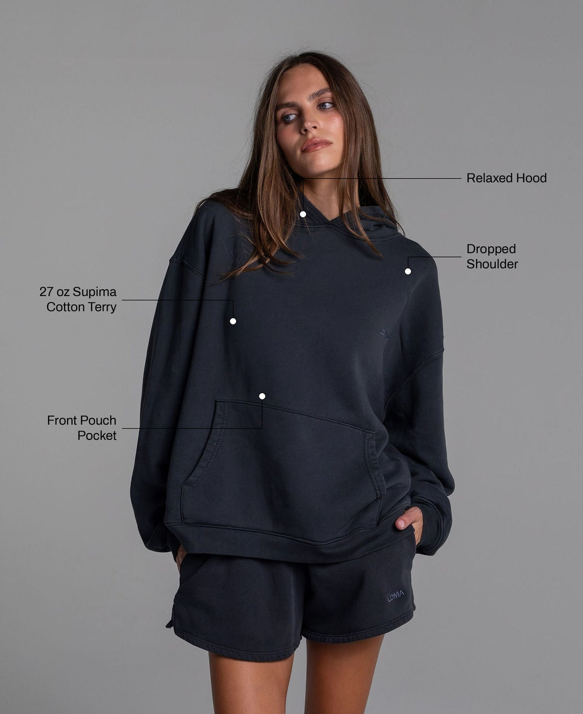 Heavyweight Heritage Hoodie in Vintage Black: 27 oz Supima cotton terry, front pouch pocket, relaxed hood, dropped shoulder