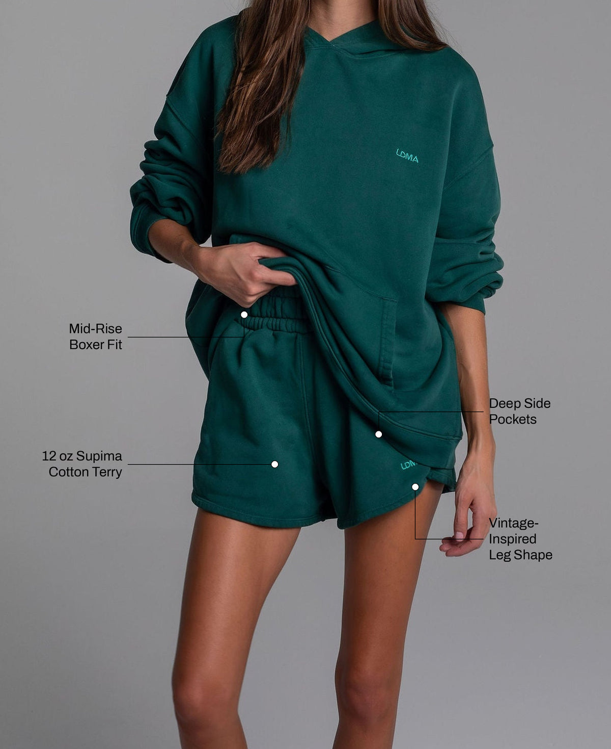Heritage Sport Shorts in Alpine Green: 12 oz Supima cotton terry, deep side pockets, mid-rise boxer fit, vintage-inspired leg shape