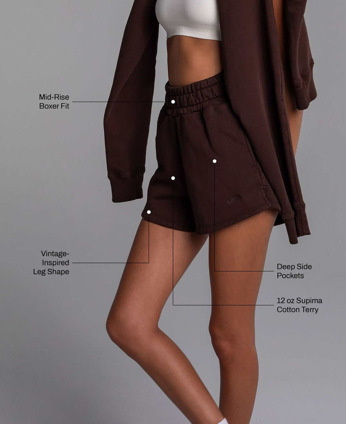 Heritage Sport Shorts in Coffee: 12 oz Supima cotton terry, deep side pockets, mid-rise boxer fit, vintage-inspired leg shape