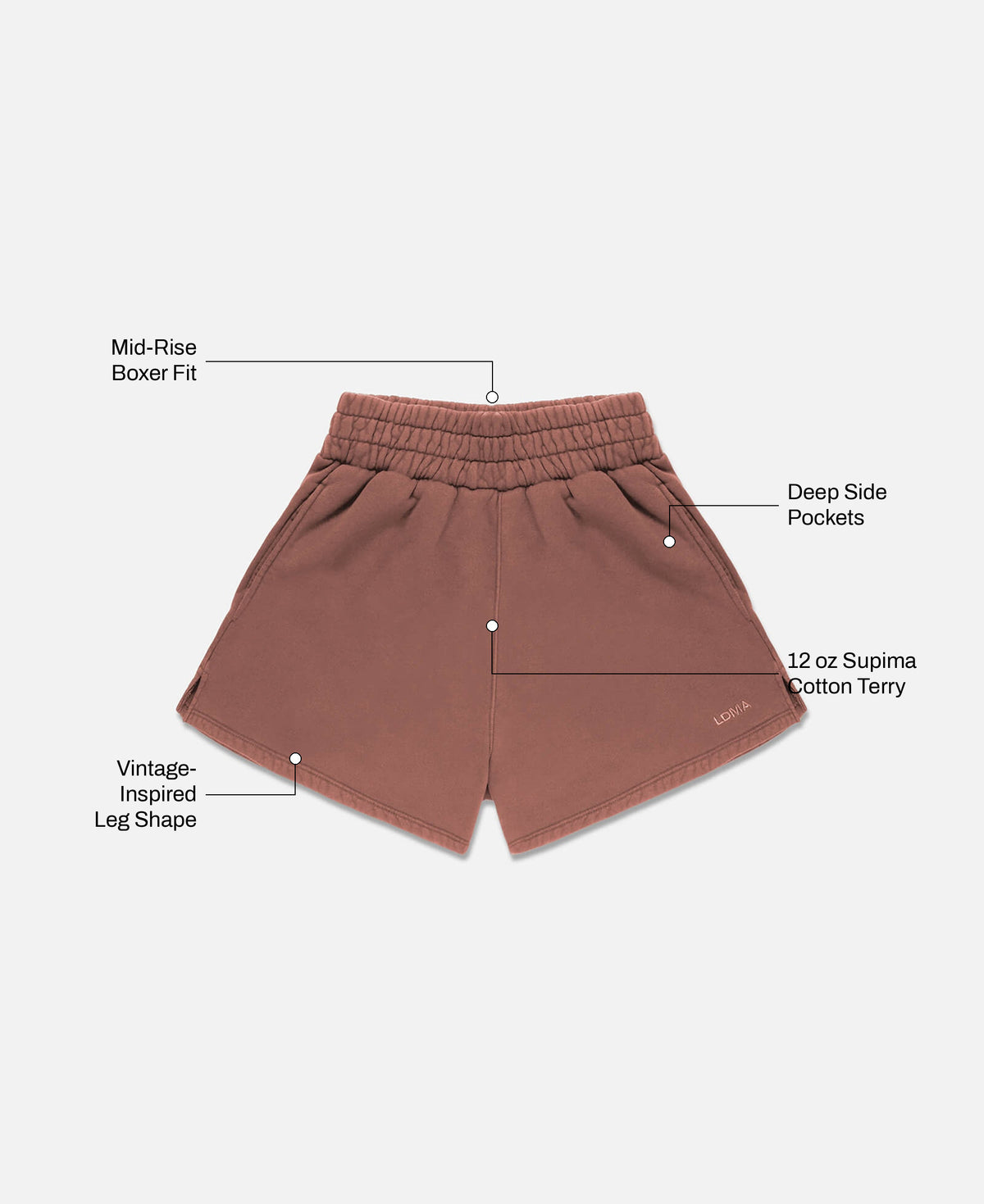 Heritage Sport Shorts in Espresso Rose: 12 oz Supima cotton terry, deep side pockets, mid-rise boxer fit, vintage-inspired leg shape