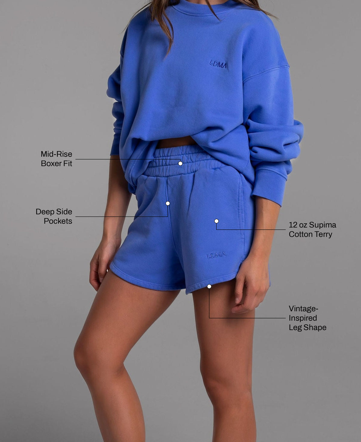 Heritage Sport Shorts in Laguna Blue: 12 oz Supima cotton terry, deep side pockets, mid-rise boxer fit, vintage-inspired leg shape