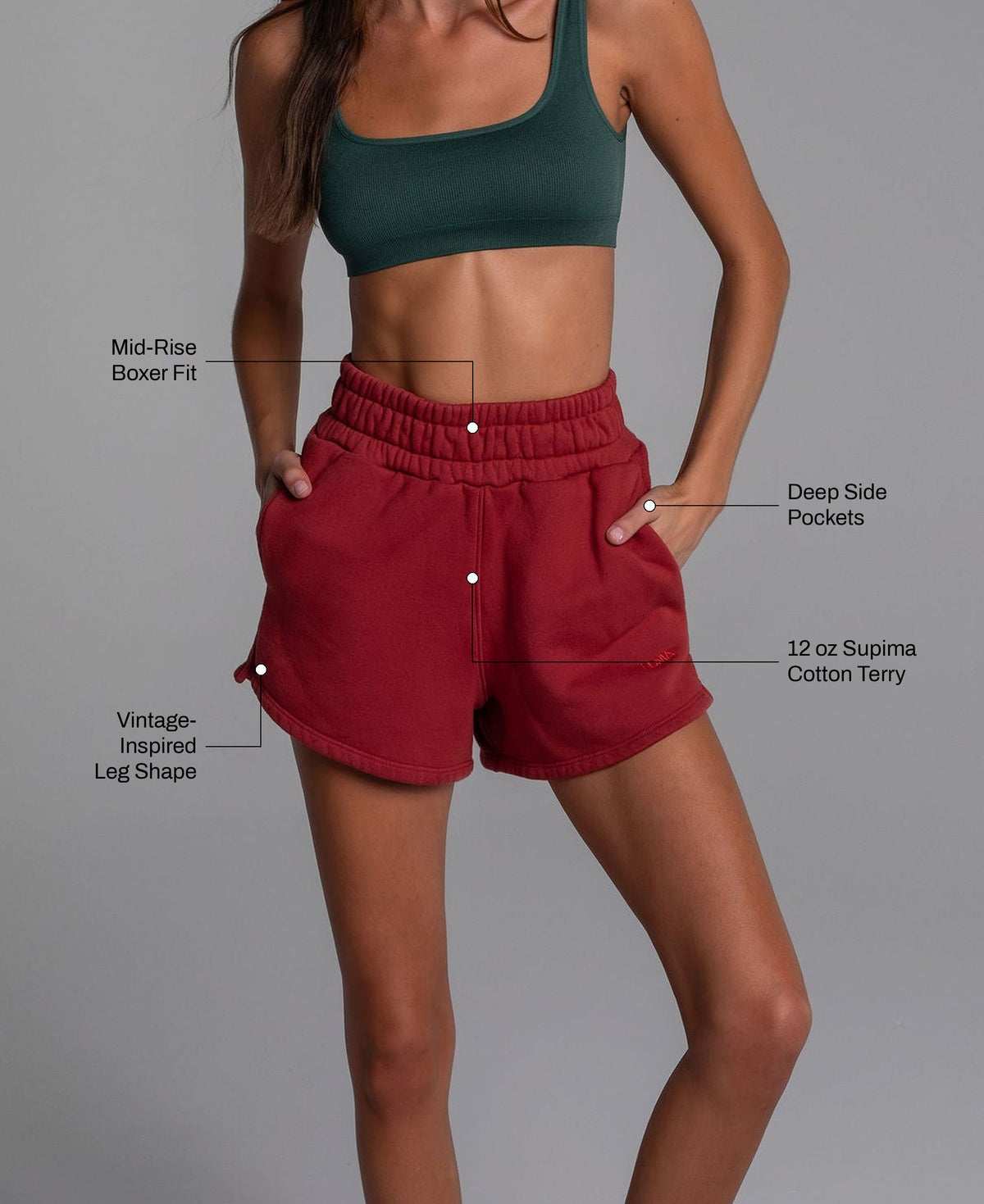 Heritage Sport Shorts in Poppy: 12 oz Supima cotton terry, deep side pockets, mid-rise boxer fit, vintage-inspired leg shape