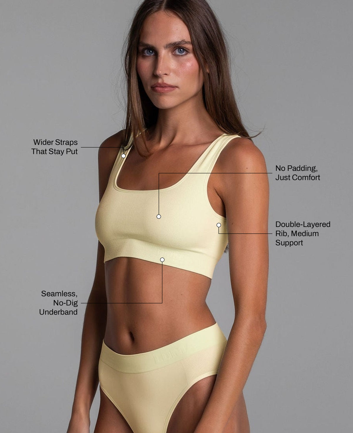 High Sculpt Bra Rib in Butter Yellow: wider straps that stay put, no padding, double-layered rib with medium support, seamless no-dig underband