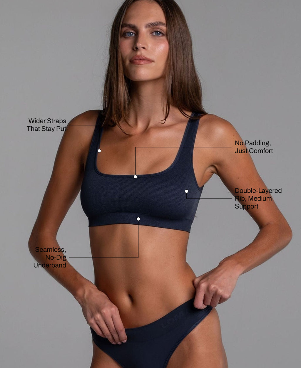 High Sculpt Bra Rib in Collegiate Blue: wider straps that stay put, no padding, double-layered rib with medium support, seamless no-dig underband