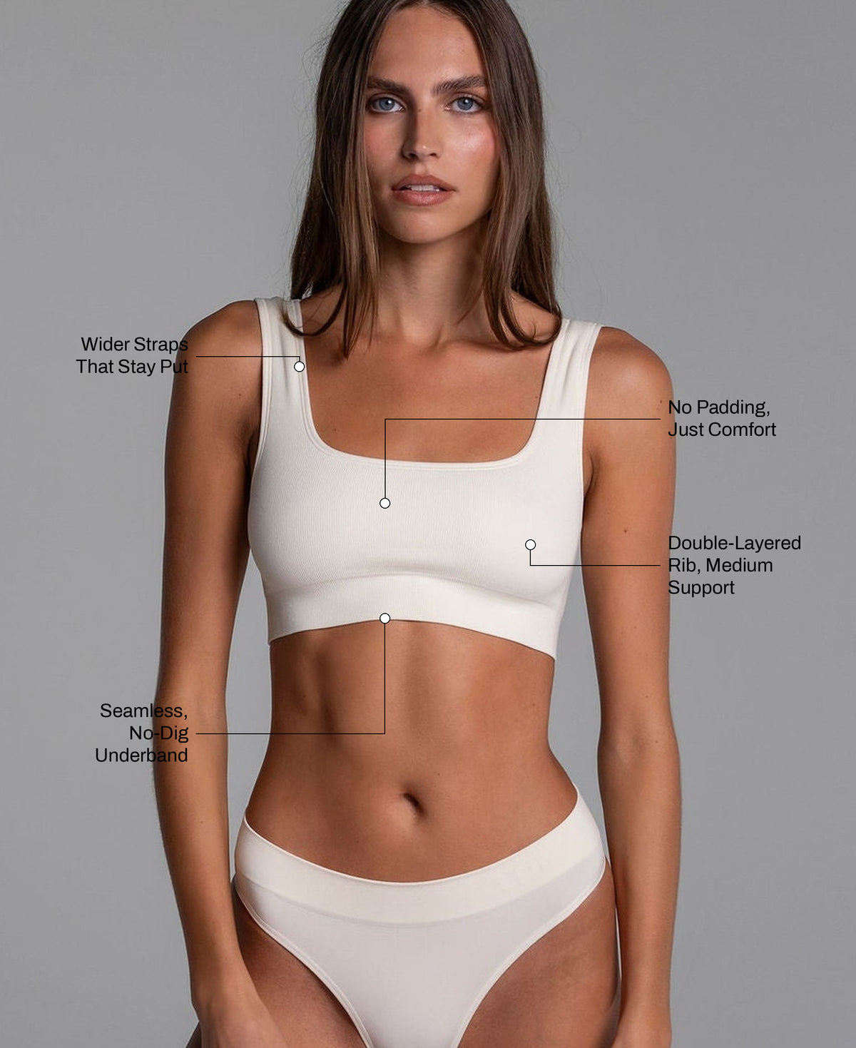 High Sculpt Bra Rib in Cream: wider straps that stay put, no padding, double-layered rib with medium support, seamless no-dig underband