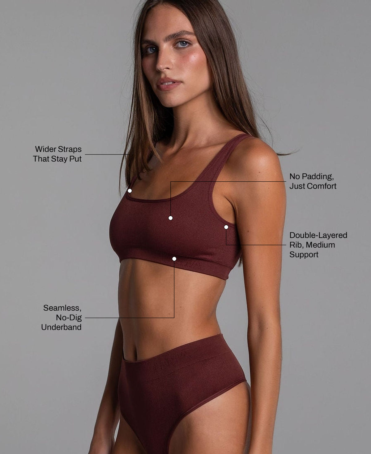 High Sculpt Bra Rib in Crimson: wider straps that stay put, no padding, double-layered rib with medium support, seamless no-dig underband