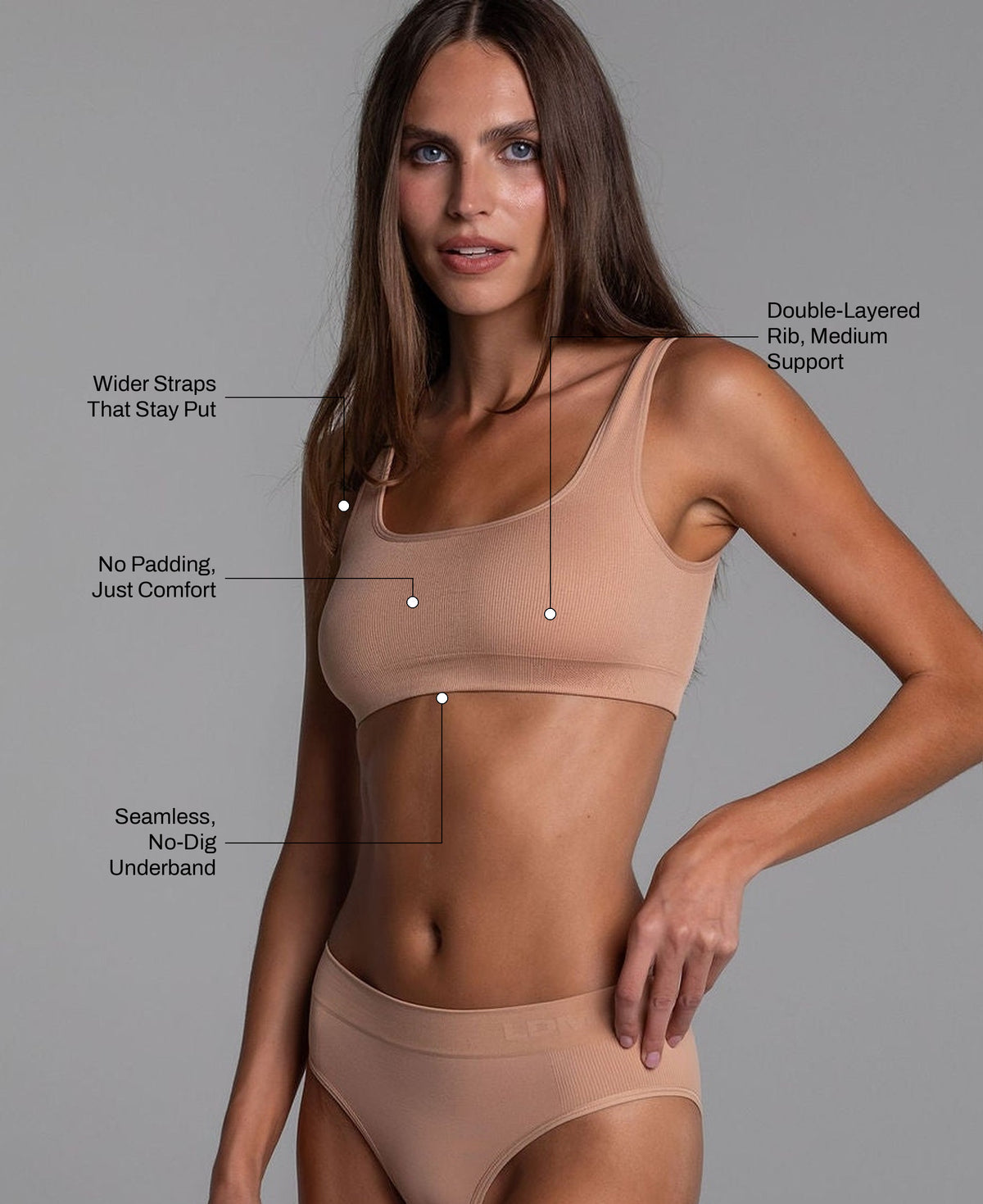 High Sculpt Bra Rib in Dusty Nude: wider straps that stay put, no padding, double-layered rib with medium support, seamless no-dig underband