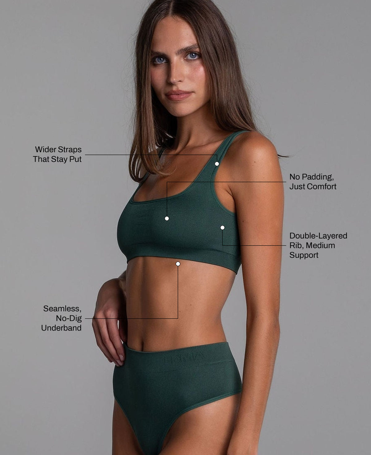 High Sculpt Bra Rib in Forest Green: wider straps that stay put, no padding, double-layered rib with medium support, seamless no-dig underband