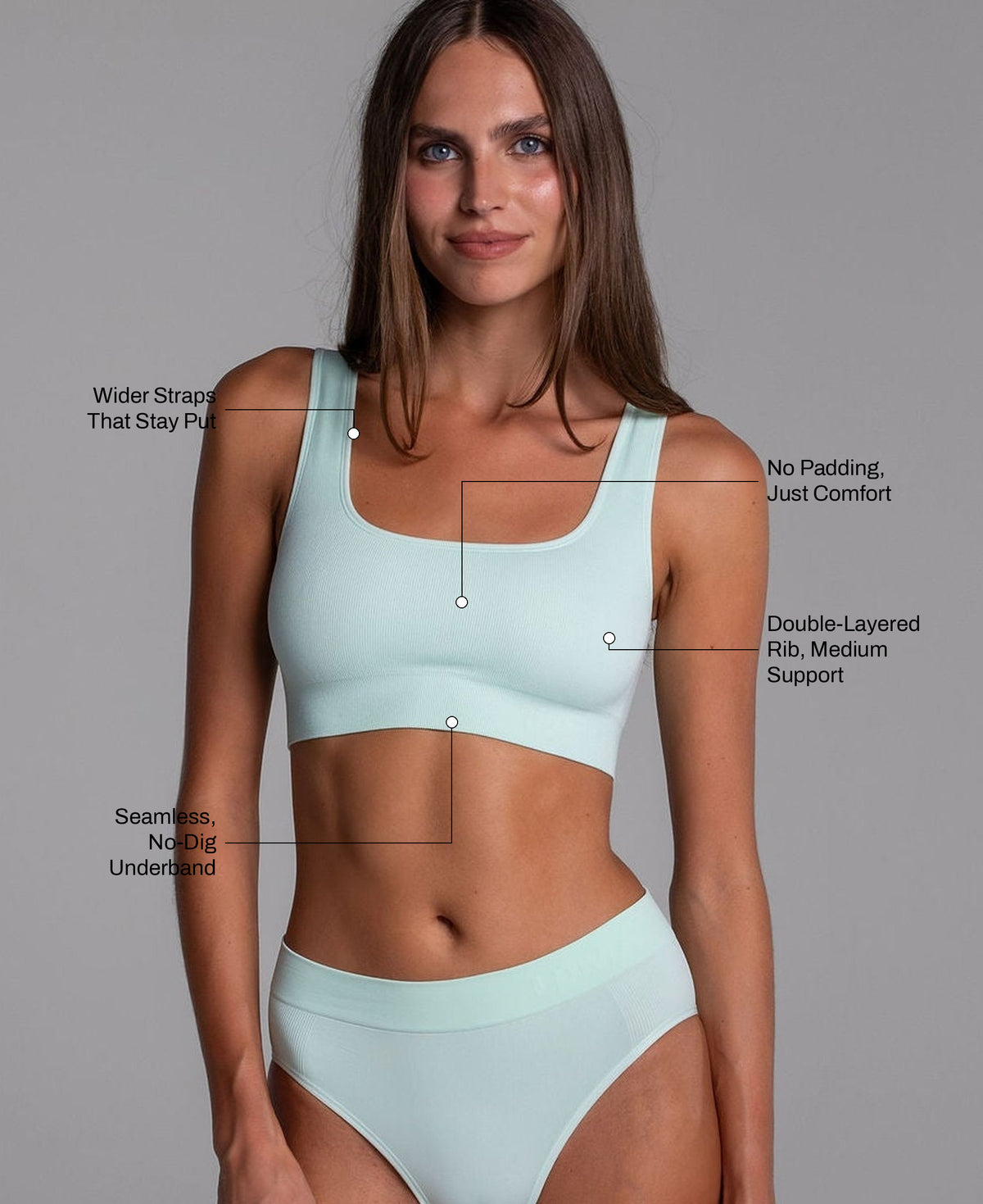 High Sculpt Bra Rib in Pistachio: wider straps that stay put, no padding, double-layered rib with medium support, seamless no-dig underband