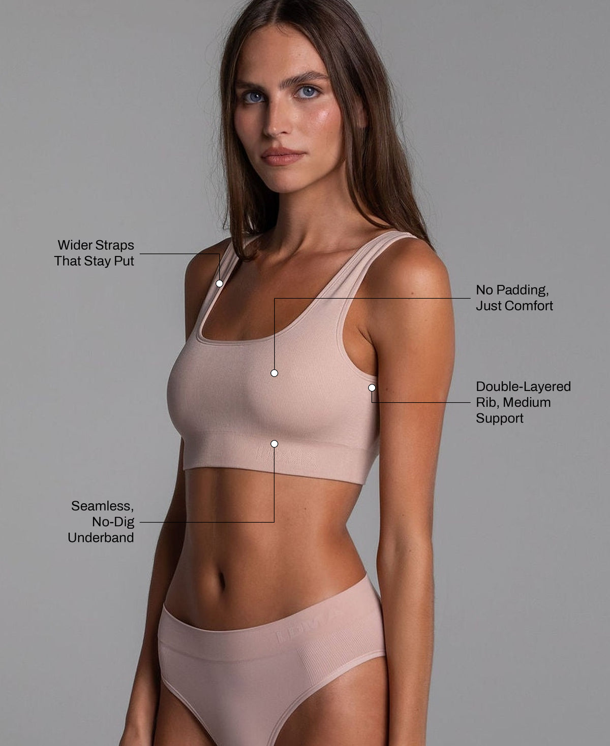 High Sculpt Bra Rib in Sand: wider straps that stay put, no padding, double-layered rib with medium support, seamless no-dig underband