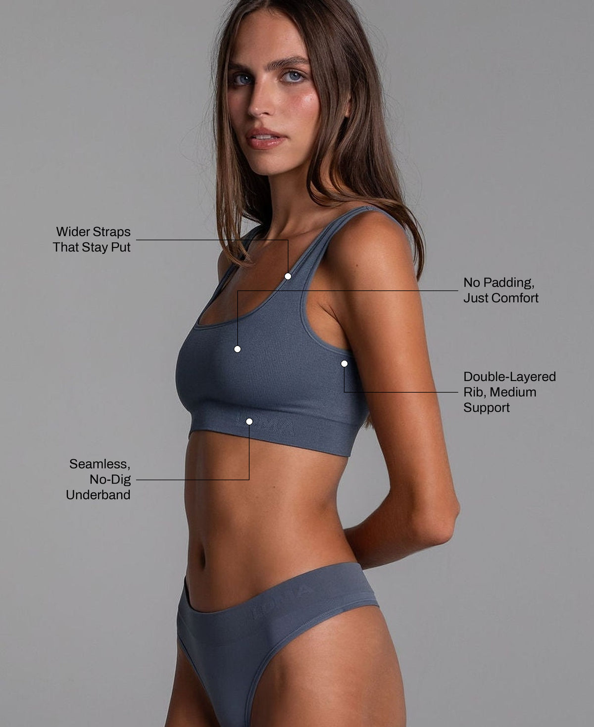 High Sculpt Bra Rib in Slate: wider straps that stay put, no padding, double-layered rib with medium support, seamless no-dig underband