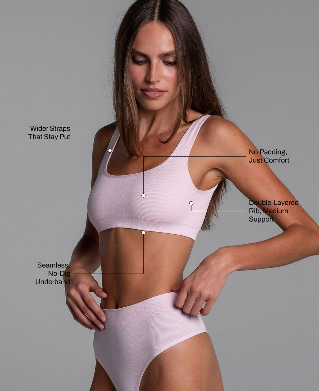 High Sculpt Bra Rib in Studio Pink: wider straps that stay put, no padding, double-layered rib with medium support, seamless no-dig underband