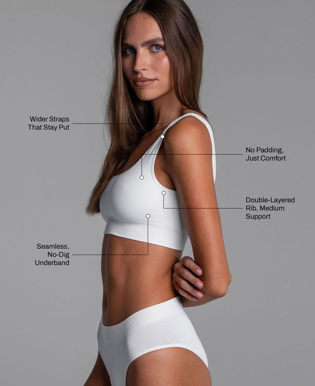 High Sculpt Bra Rib in White: wider straps that stay put, no padding, double-layered rib with medium support, seamless no-dig underband