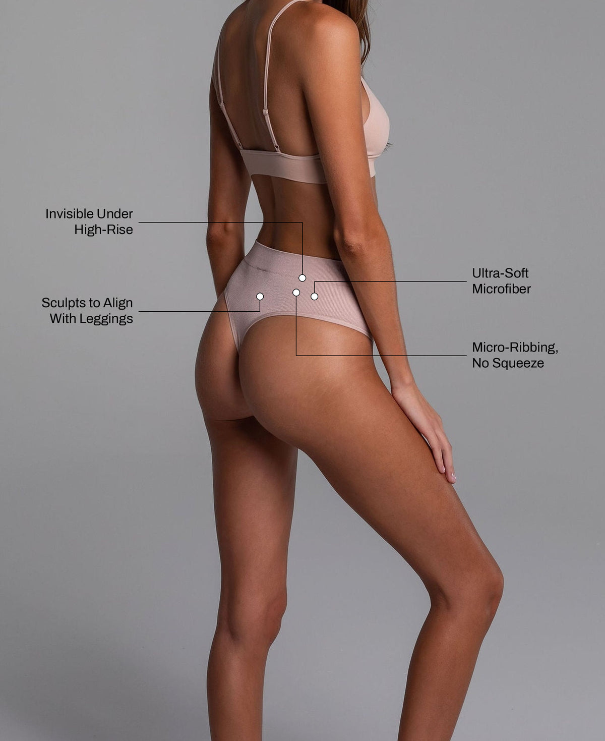 High Sculpt Thong in Sand: invisible under high-rise, sculpts to align with leggings, ultra-soft microfiber, micro-ribbing with no squeeze