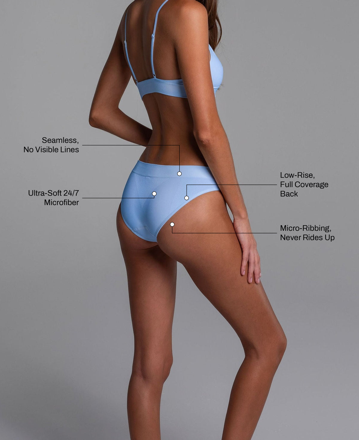 Low Hide Brief in Arctic Blue: seamless no visible lines, ultra-soft 24/7 microfiber, low-rise full coverage back, micro-ribbing that never rides up