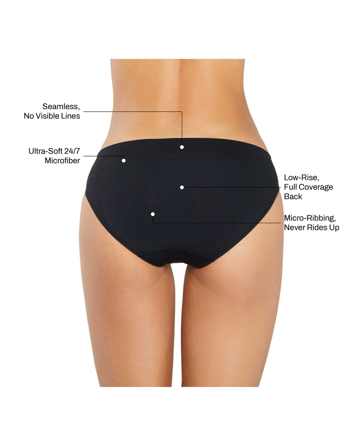 Low Hide Brief in Black: seamless no visible lines, ultra-soft 24/7 microfiber, low-rise full coverage back, micro-ribbing that never rides up