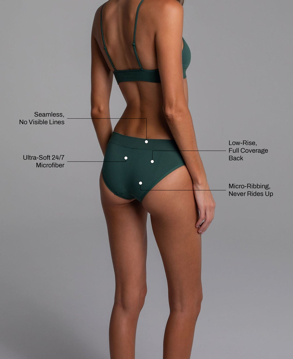 Low Hide Brief in Forest Green: seamless no visible lines, ultra-soft 24/7 microfiber, low-rise full coverage back, micro-ribbing that never rides up