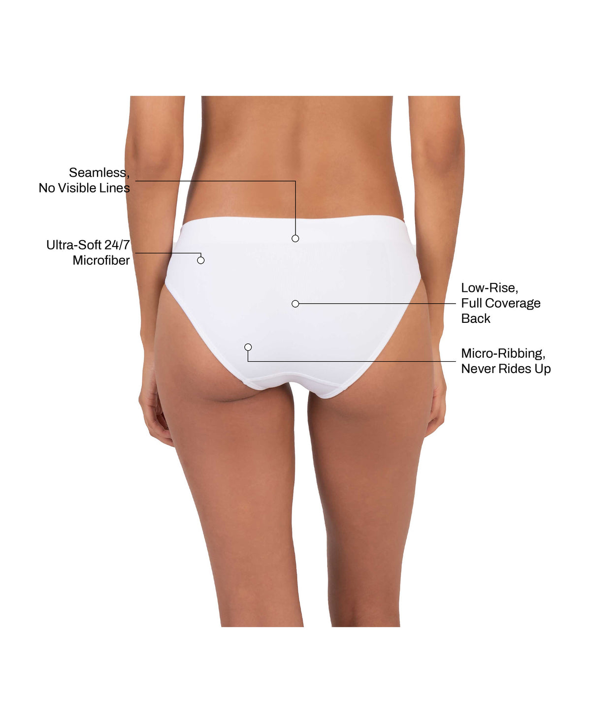 Low Hide Brief in White: seamless no visible lines, ultra-soft 24/7 microfiber, low-rise full coverage back, micro-ribbing that never rides up