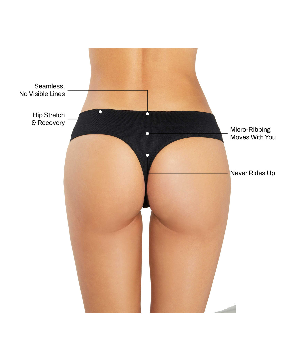 Low Hide Ribbed Thong in Black: seamless no visible lines, hip stretch and recovery, micro-ribbing that moves with you, never rides up