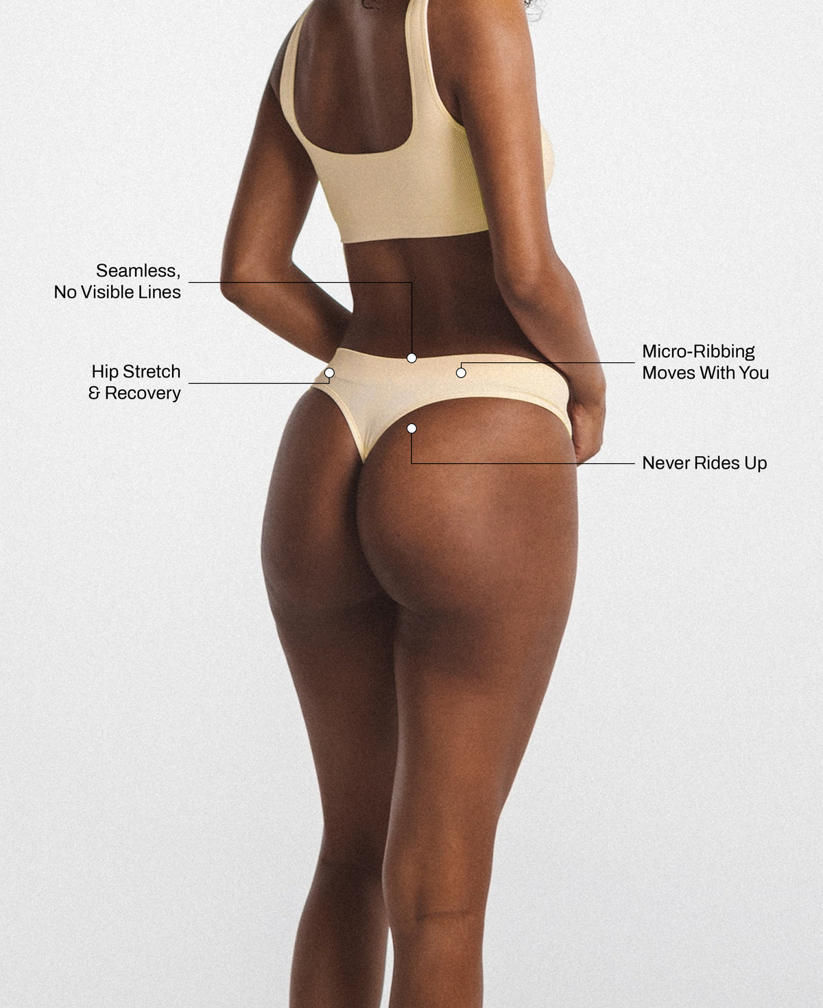 Low Hide Ribbed Thong in Butter Yellow: seamless no visible lines, hip stretch and recovery, micro-ribbing that moves with you, never rides up
