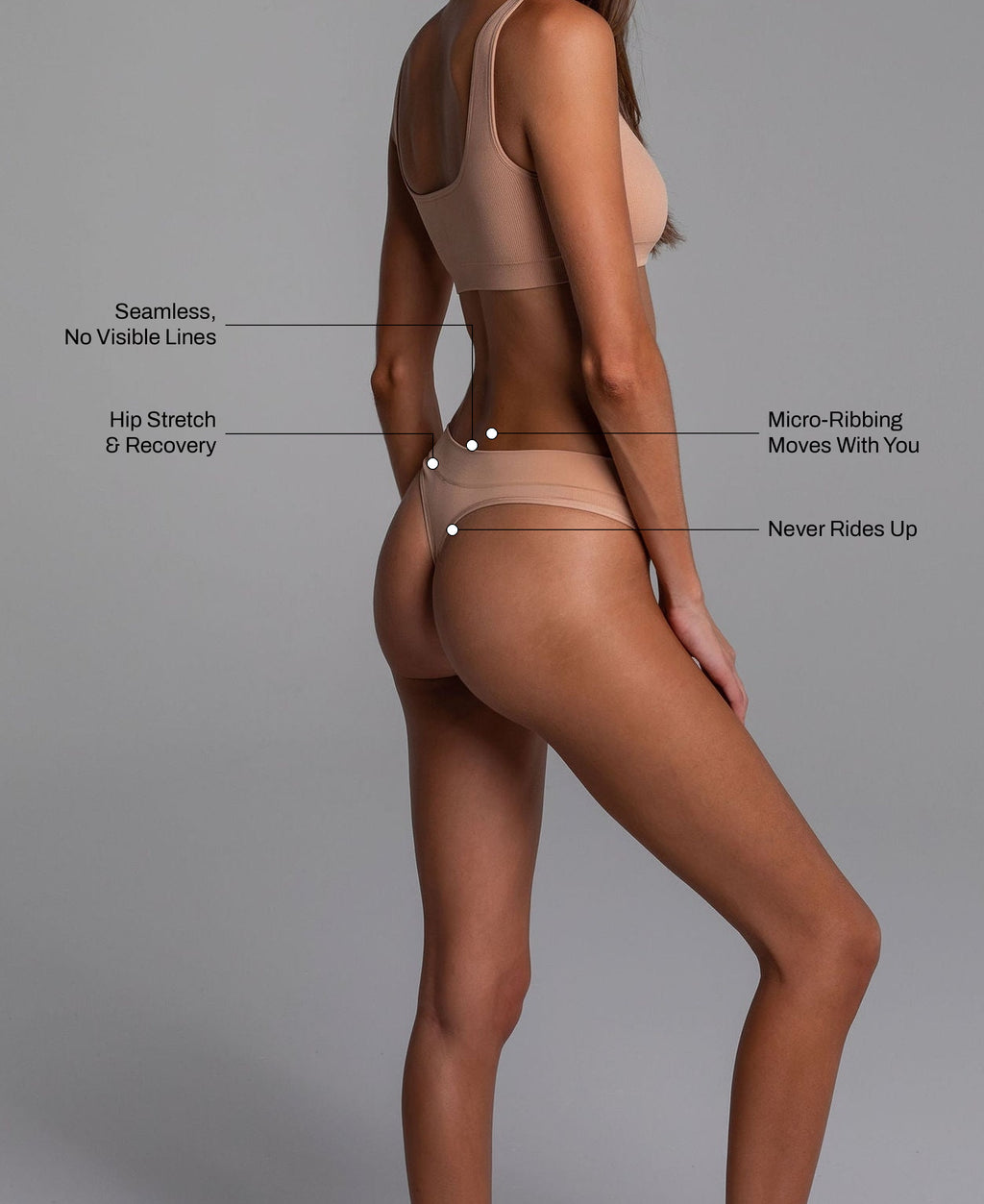 Low Hide Ribbed Thong in Dusty Nude: seamless no visible lines, hip stretch and recovery, micro-ribbing that moves with you, never rides up