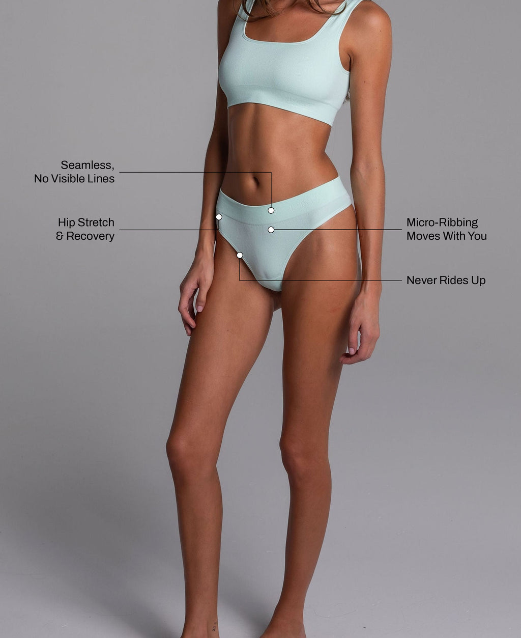 Low Hide Ribbed Thong in Pistachio: seamless no visible lines, hip stretch and recovery, micro-ribbing that moves with you, never rides up