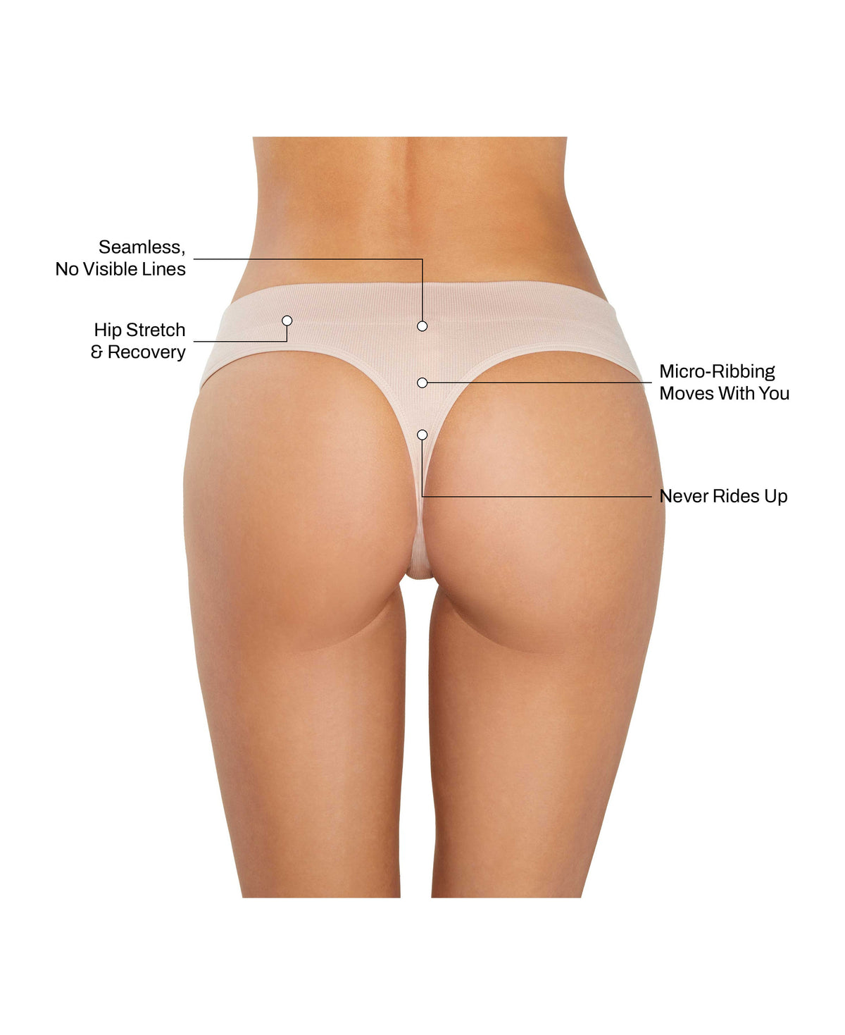 Low Hide Ribbed Thong in Sand: seamless no visible lines, hip stretch and recovery, micro-ribbing that moves with you, never rides up